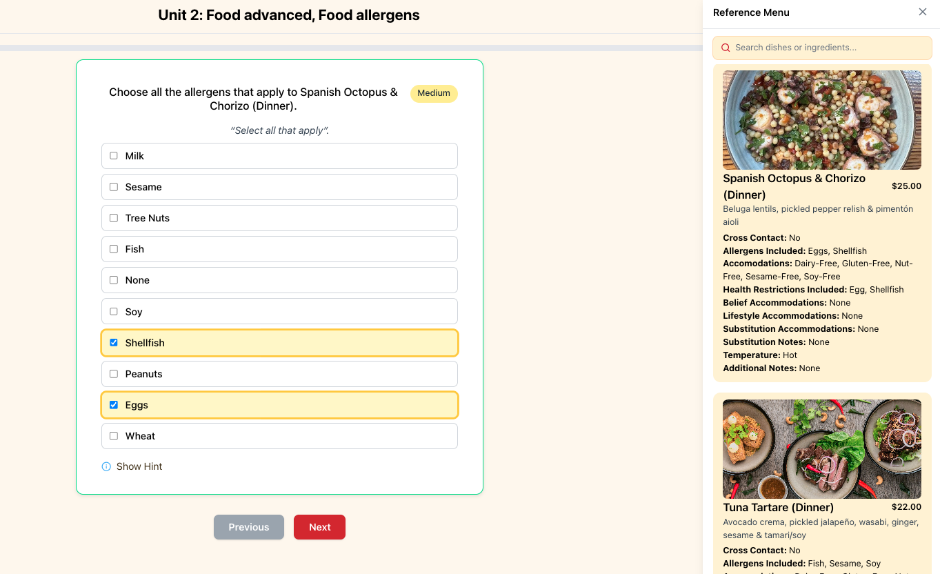 Speak Your Menu dashboard and lesson preview for restaurant menu training